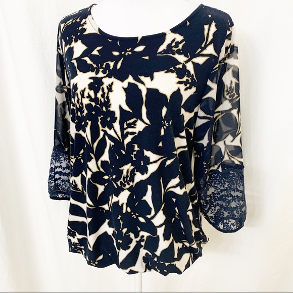 Alfani Tops - Alfani Navy Blouse Lace Elasticized Cuffs & Hem M